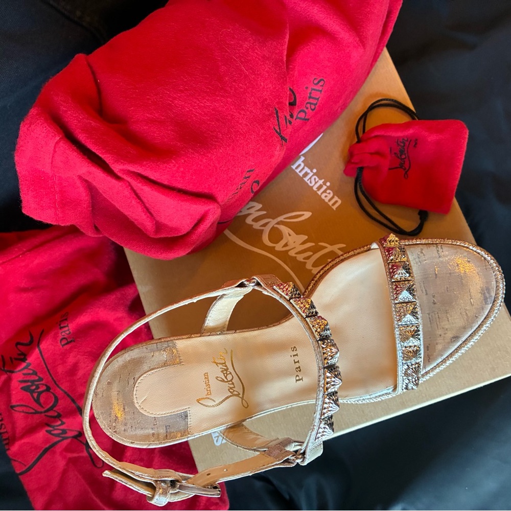 Christian Louboutin Metallic Gold Cork Wedge Sandals with Crystal Trim - Picture 4 of 4